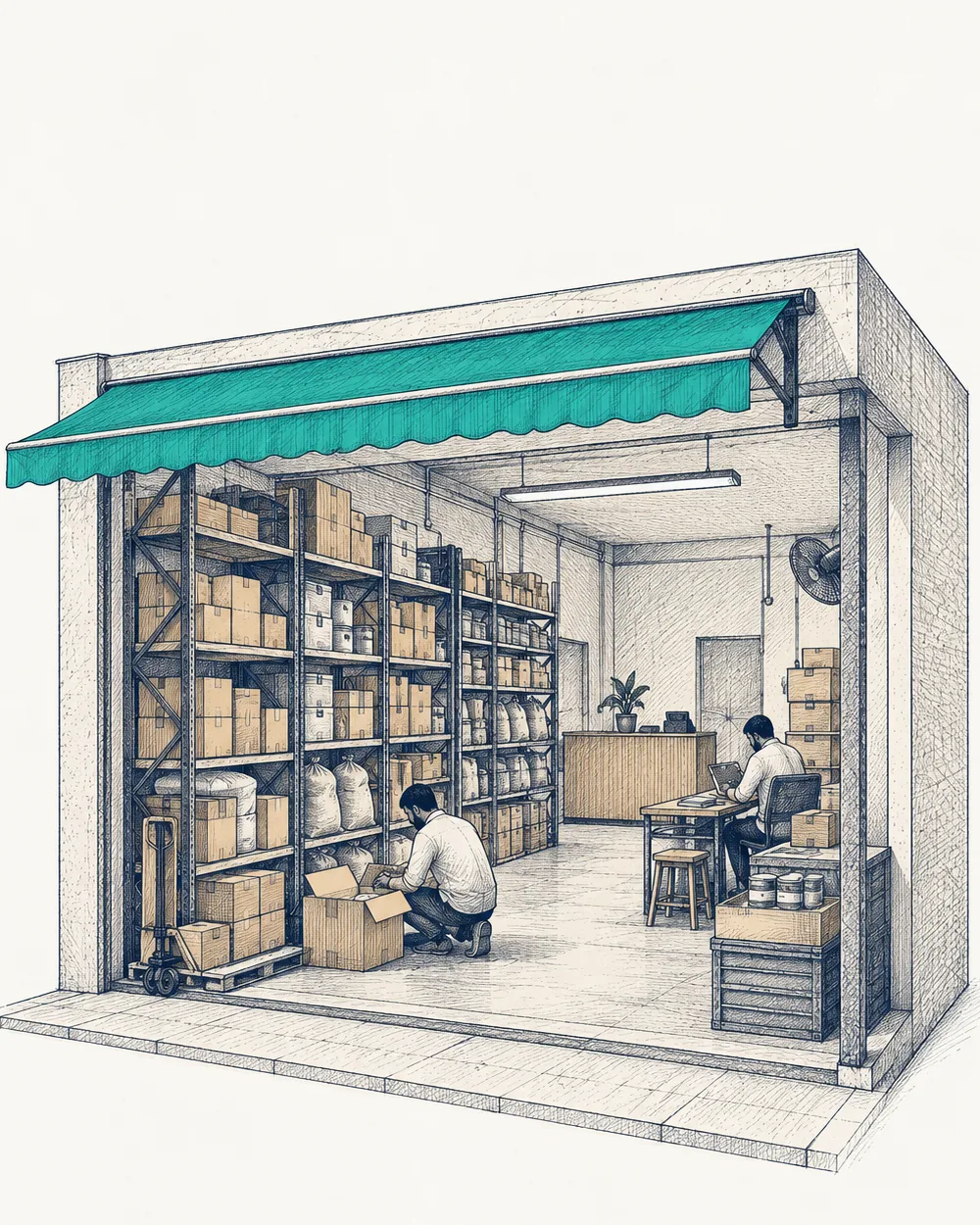 Cutaway of a small trade warehouse under a teal awning: racking of cartons and sacks, a worker packing, an office desk at the back