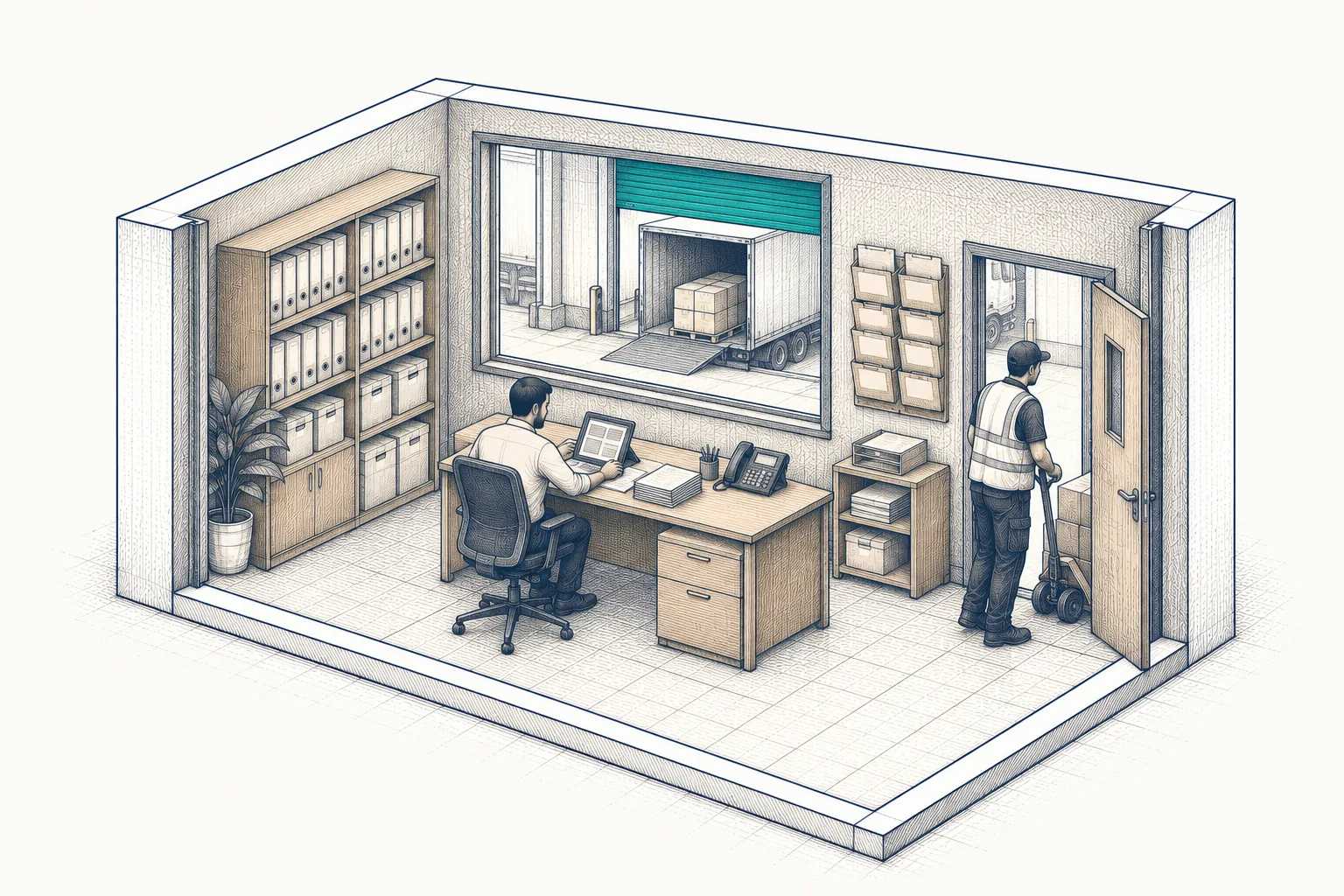 Freight office: a desk with a tablet and phone, the loading dock and a truck seen through the window