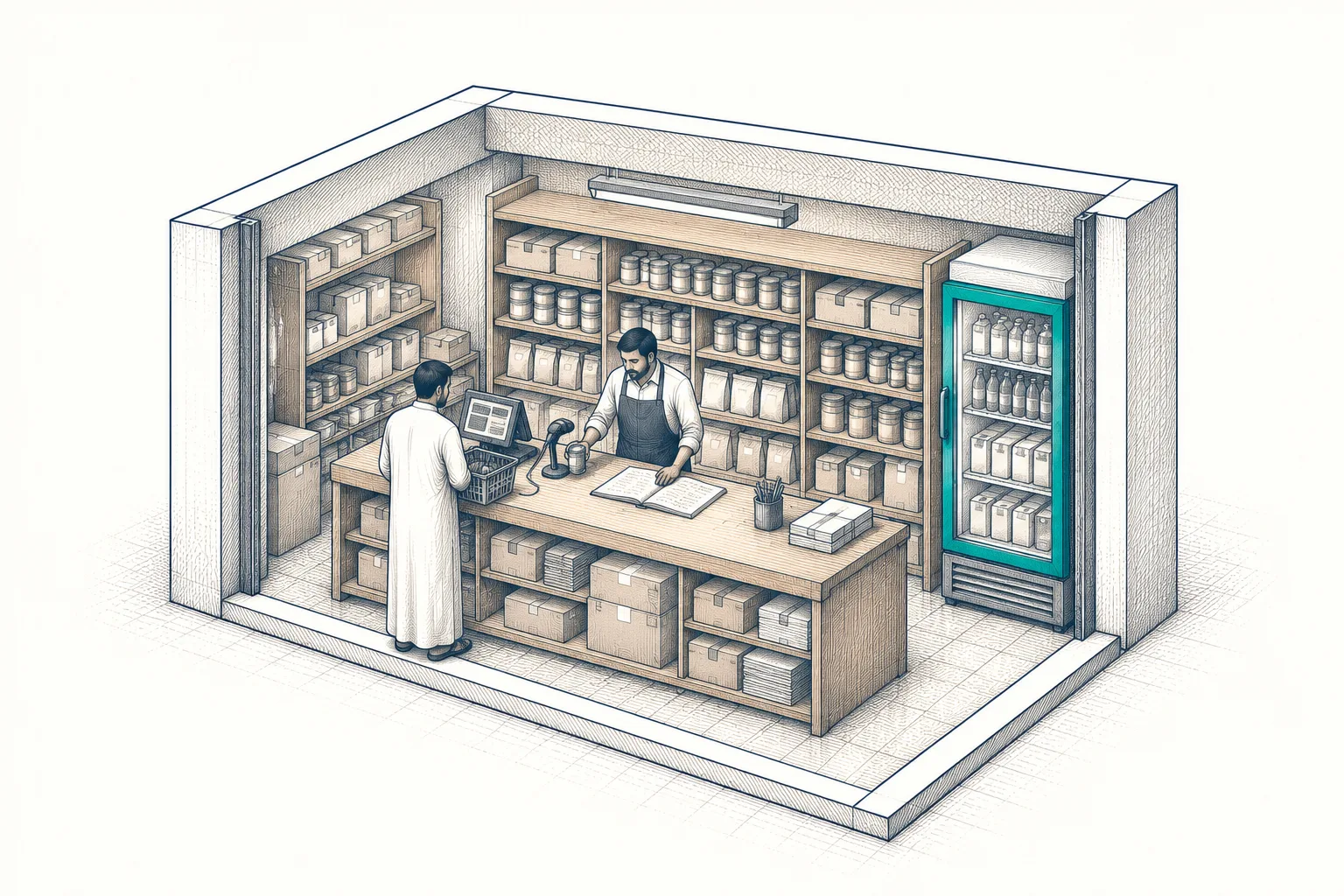 Corner grocery, cutaway: a shopkeeper scanning at the counter, shelves of stock, a teal drinks fridge